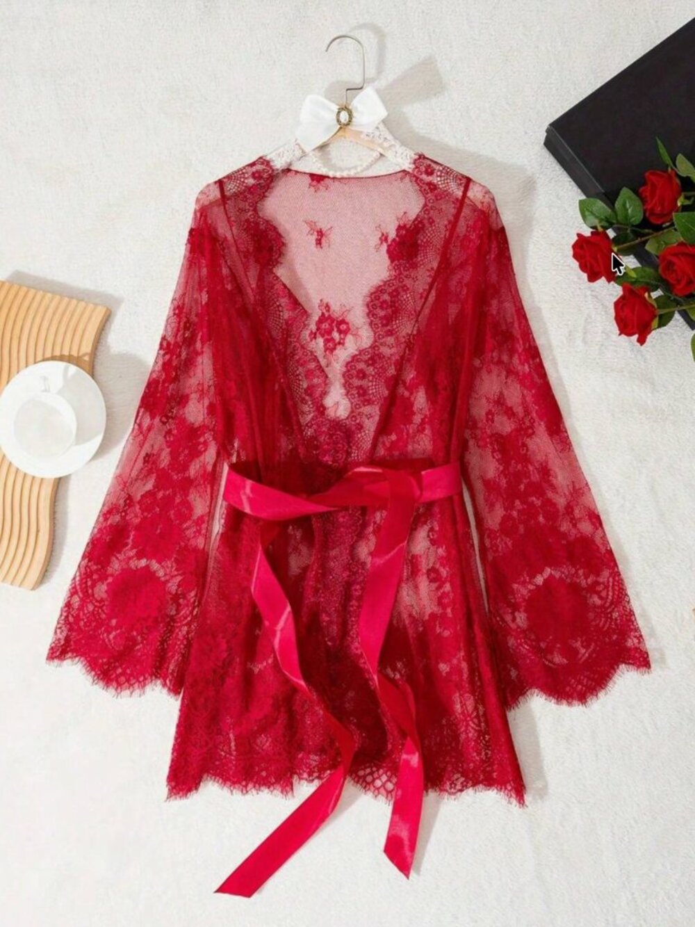 Sexy Red Valentine's Day Lace Lingerie Women's Nightgown, Semi-Transparent Lace